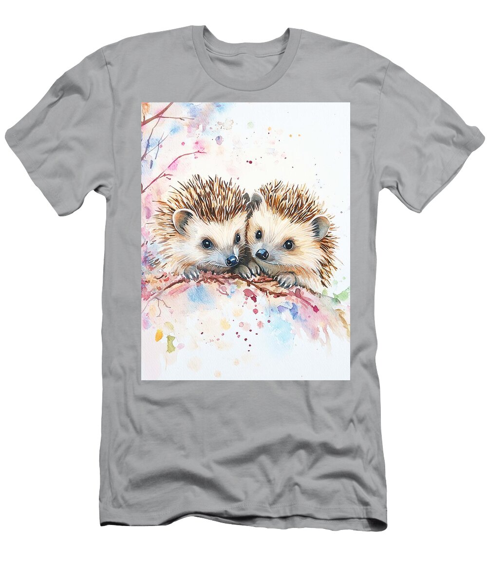 Cute Woodland Creatures Two Baby Hedgehogs Exploring a Garden with Spiky Brown Quills Adorable Hedge Henry George T-Shirt