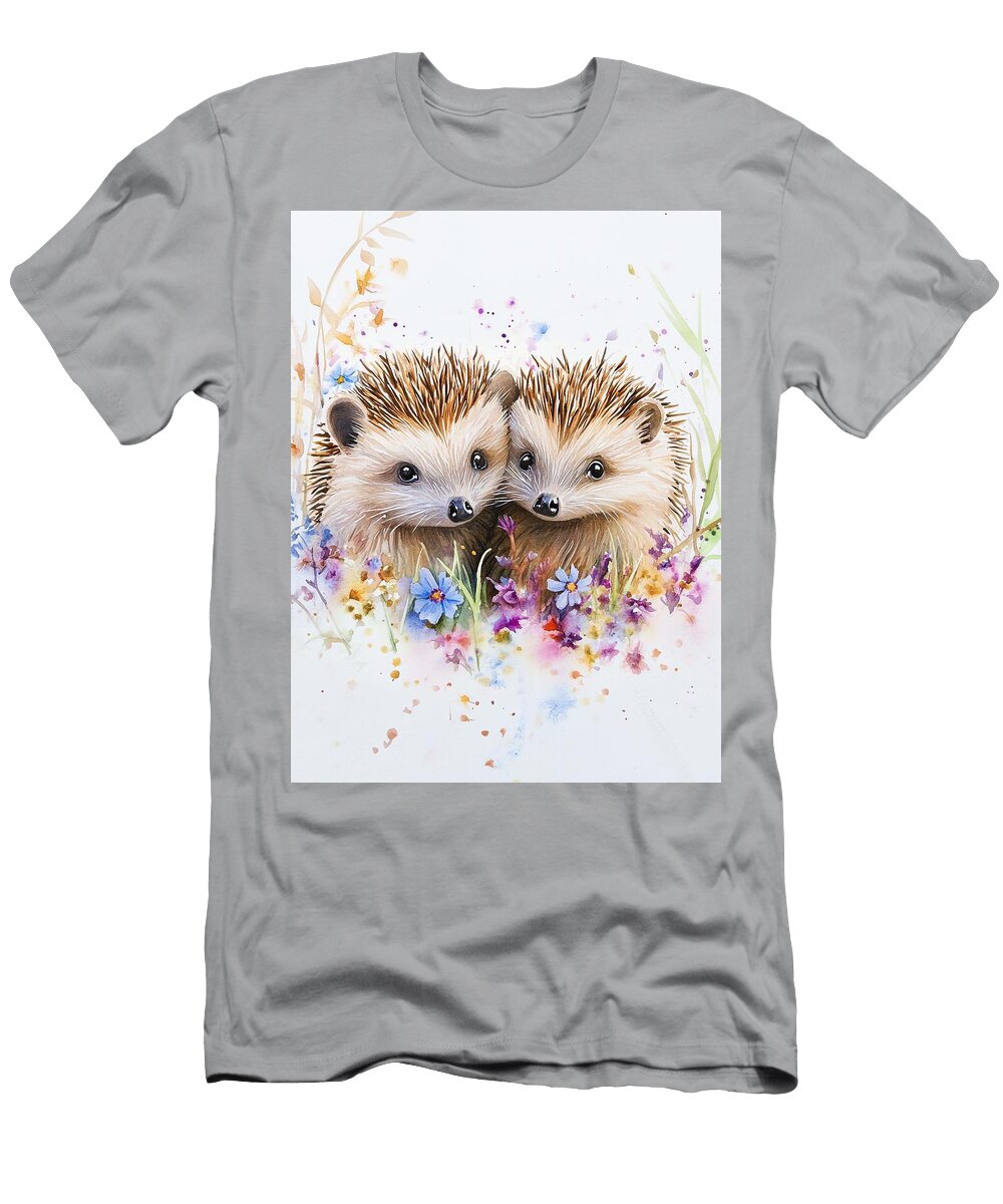 Floral Watercolor Art Two Hedgehogs Exploring a Garden with Spiky Brown Quills Adorable Hedgehog Pai Henry George T-Shirt