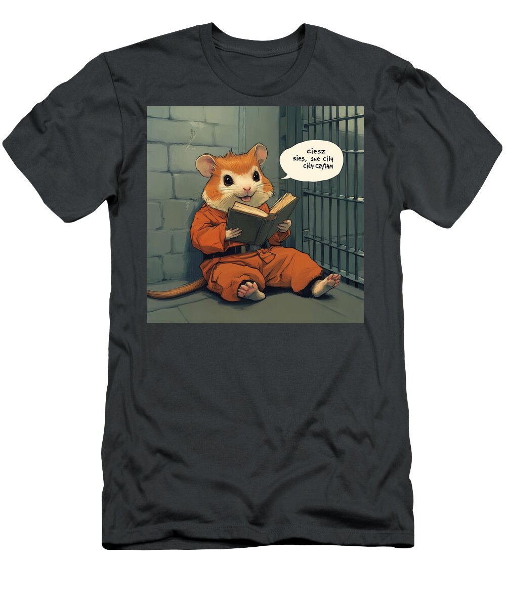 Hamster in Prison Uniform Reading a Book Fantan Jumary T-Shirt
