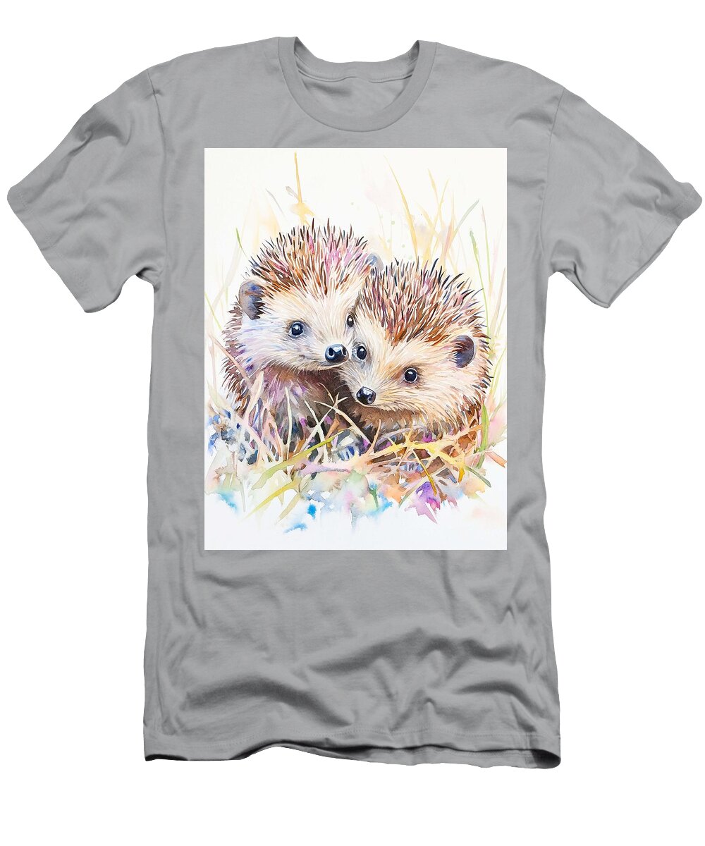 Watercolor Wildlife Art Two Baby Hedgehogs Rolling in the Grass with Spiky Brown Quills Adorable Hed Henry George T-Shirt